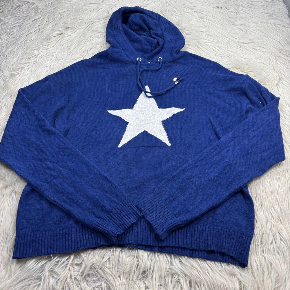 Kathy Ireland Women's XL Blue White Sequin Star Hooded Sweater Whimsy Y2K Artsy